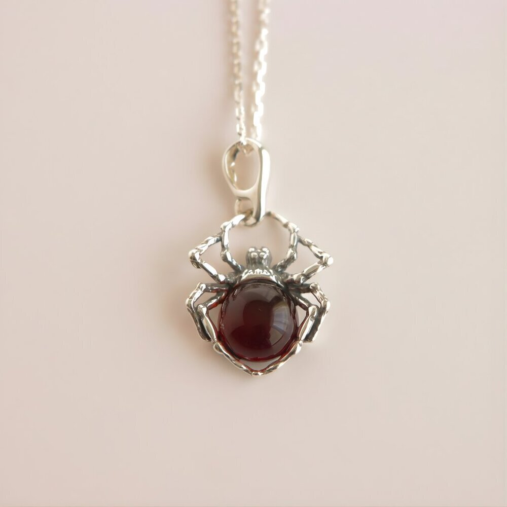 Baltic Cherry Amber Spider Charm Pendant in Sterling Silver